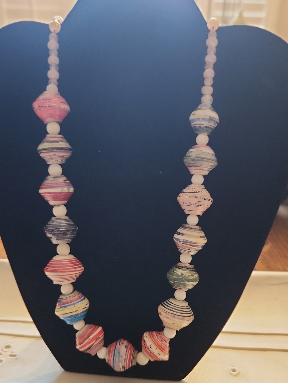 Handmade Multicolor Paper Bead Necklace with Cream Spacers